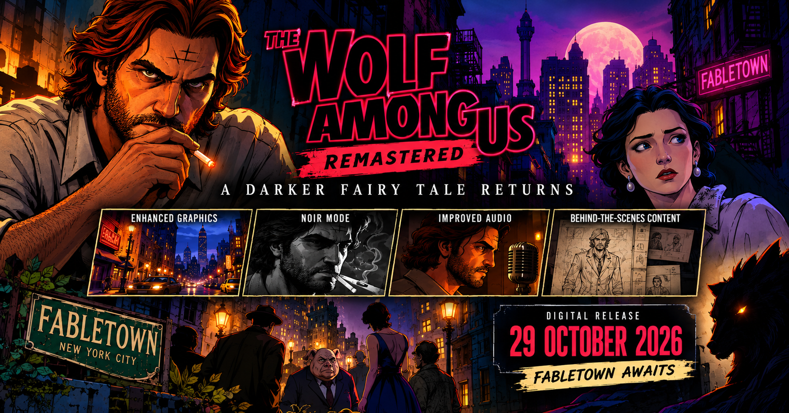 The Wolf Among Us Remastered featuring Bigby Wolf, Snow White, Fabletown, enhanced graphics, Noir Mode and release date details.